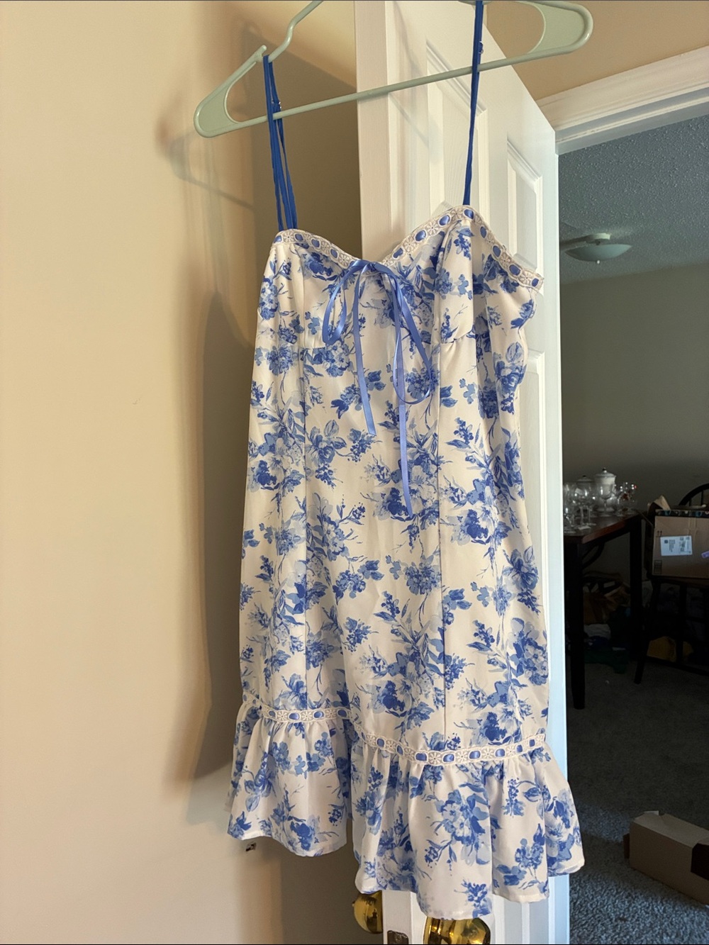 Altar'd State White Mini Dress with Blue Floral Print and Straps